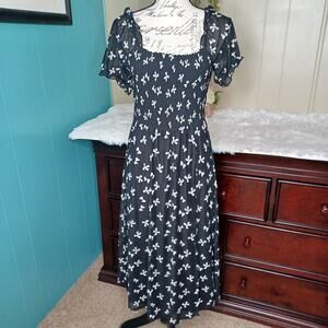 Sirenlily Black Puff Sleeve Bohemian Whimsical Midi Dress With Leg Slit Large